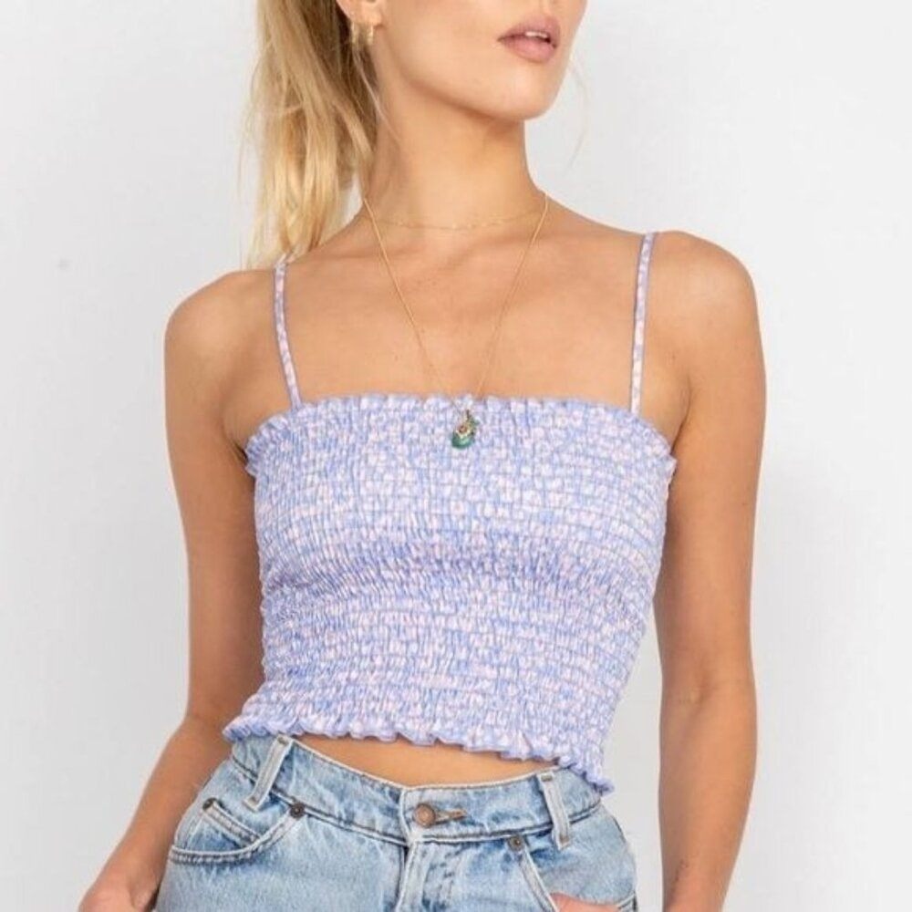 RESA Smocked Crop Tank Top Womens Large Periwinkle Blue Spaghetti Strap Festival